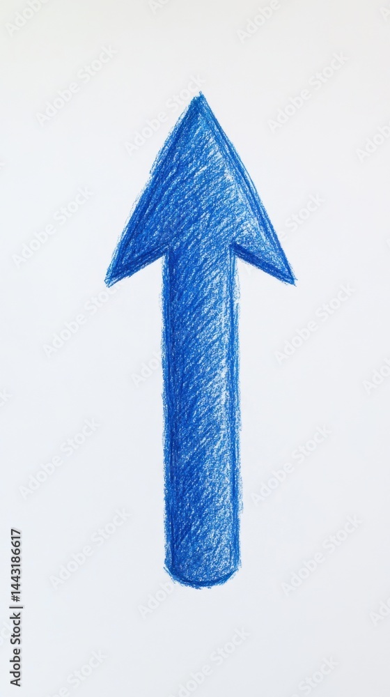 Poster Upward Blue Arrow Drawn with Crayon on White Paper Background Showing Direction and Guidance with Artistic Touch and Simplicity in a Minimalist Style