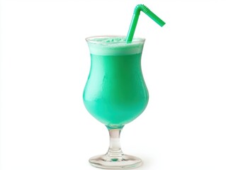 Refreshing turquoise cocktail with green straw on white background studio shot summer drink tropical vacation beverage vibrant color cool liquid isolated glass