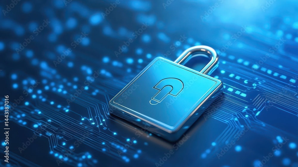 Poster enhanced data protection, padlock securing circuit board symbolizing digital security
