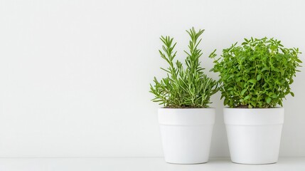 Fototapeta premium Small herb garden in clean, matching white pots, minimalist indoor farming concept