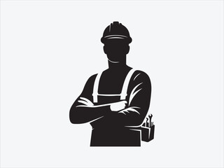 Worker Holding Tools Silhouette with Icon Hard Hat and Gear for Labor, Construction, and Occupation-Themed Vector Illustrations