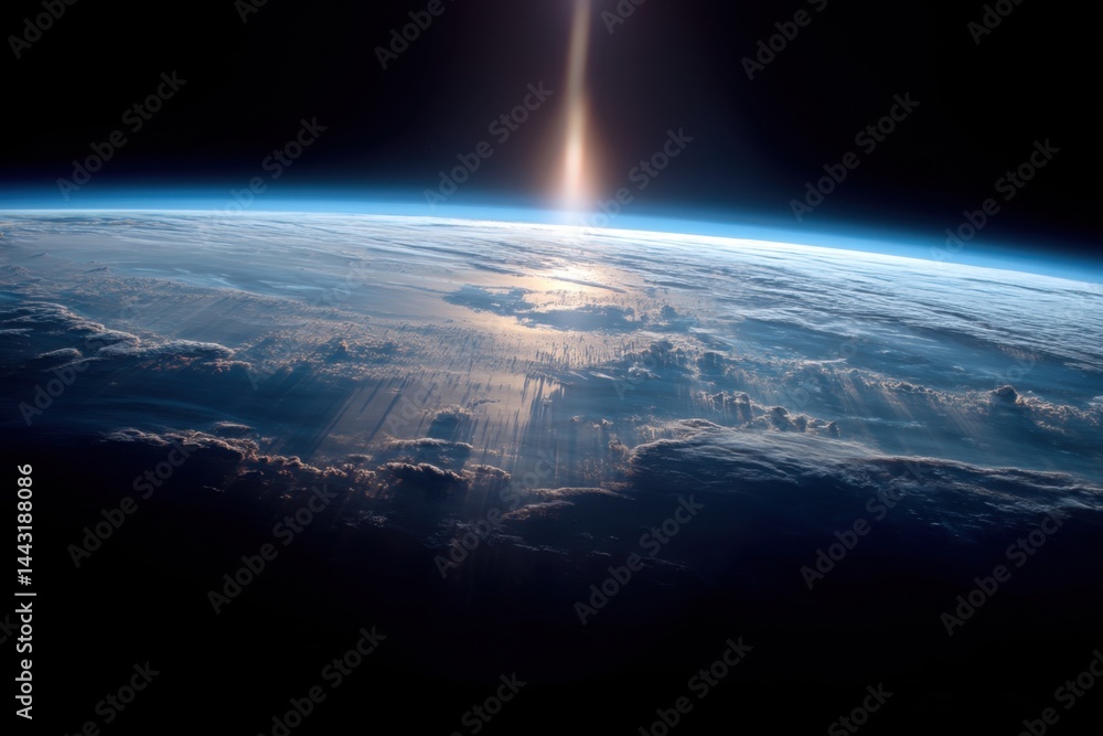Aufkleber earth from space with sun rays piercing through clouds creating a celestial atmosphere and a serene 