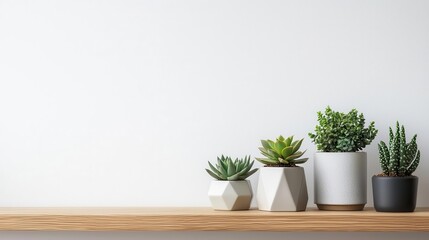 Simple shelf with small potted succulents in geometric planters, modern minimalist home decor