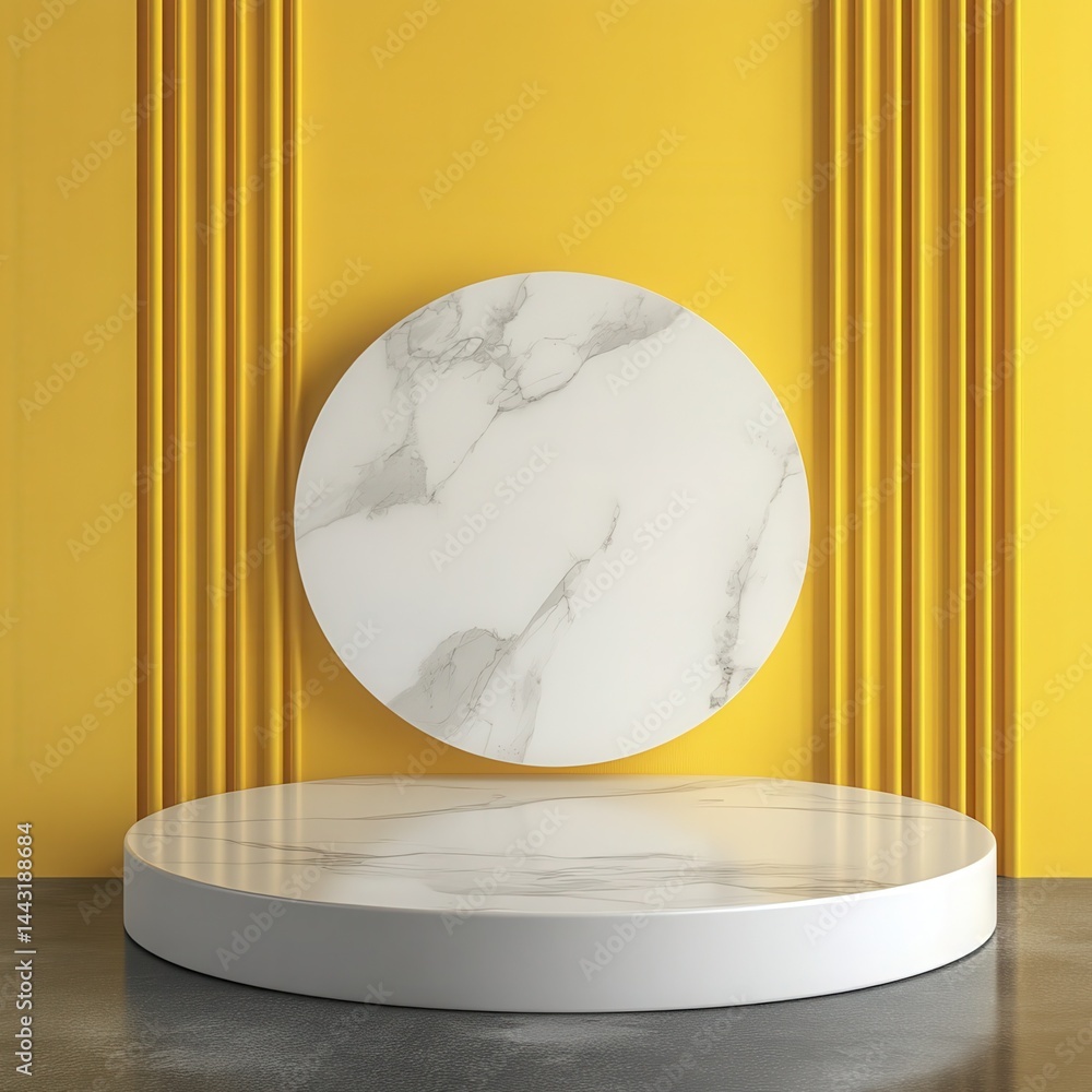 Poster abstract pedestal of platform display with modern stand podium on yellow room background. blank exhi
