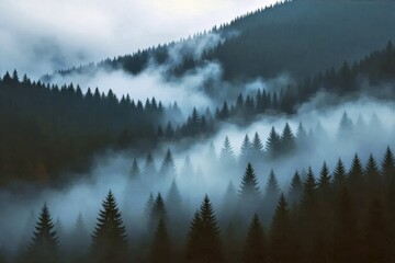 Misty forest landscape with evergreen trees in mountain valley

