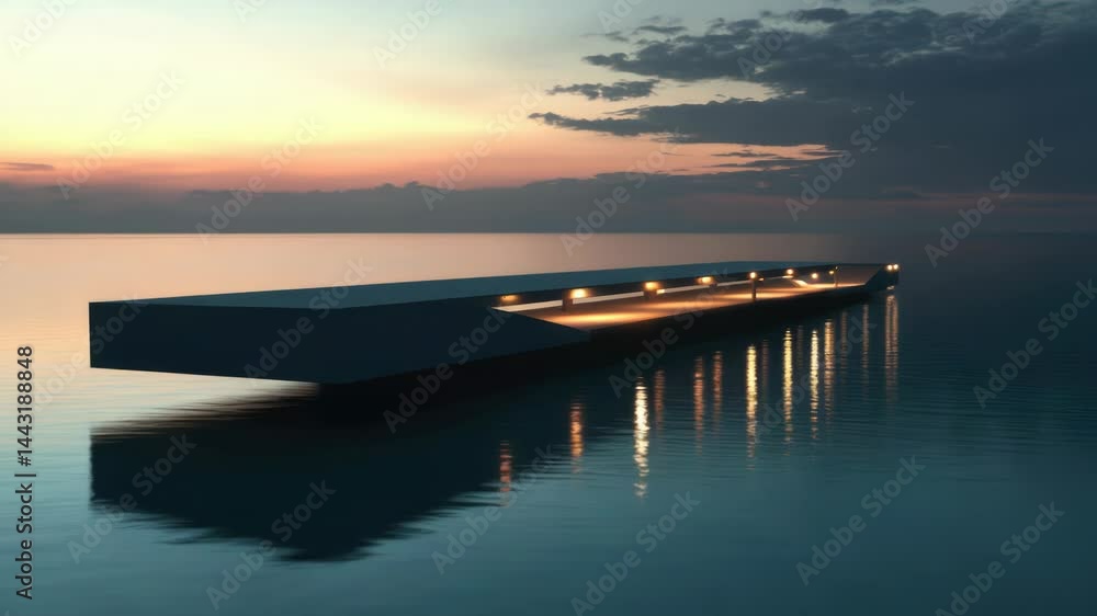 Poster a long dock with lights on it, situated in the middle of a body of water.