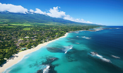Aerial view of stunning tropical beach with turquoise waters and lush green landscape.