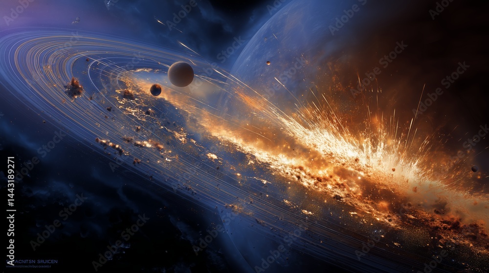 Poster vast cosmic explosion with colorful rings and distant planets in an outer space setting