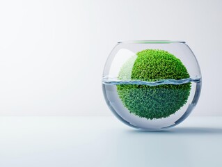 A perfectly round moss ball floating in water, serene and minimalist indoor gardening