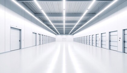 Modern White Storage Facility Corridor with Rows of Closed Roll Up Doors and Bright Fluorescent Lighting