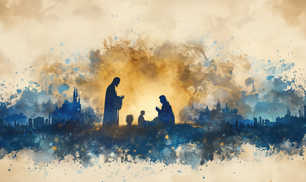 Nativity scene silhouette with Mary, Joseph, and baby Jesus in watercolor style.