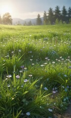 Obraz premium Vibrant green meadow with wildflowers, sparkling dew drops on grass, green, grass