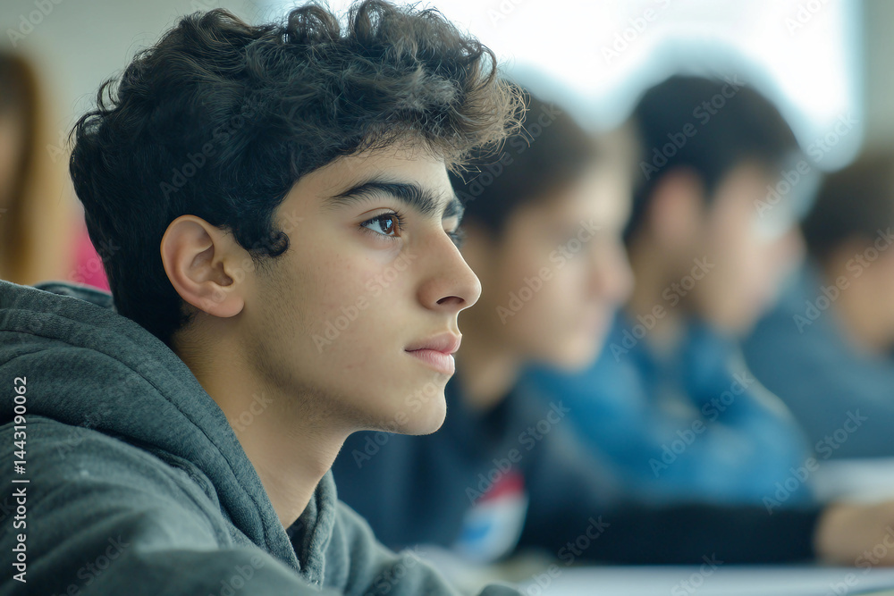Poster focused student writing during test exam in classroom surrounded by classmates during study session 