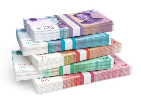 Stack of Chinese Yuan Renminbi banknotes, China's currency