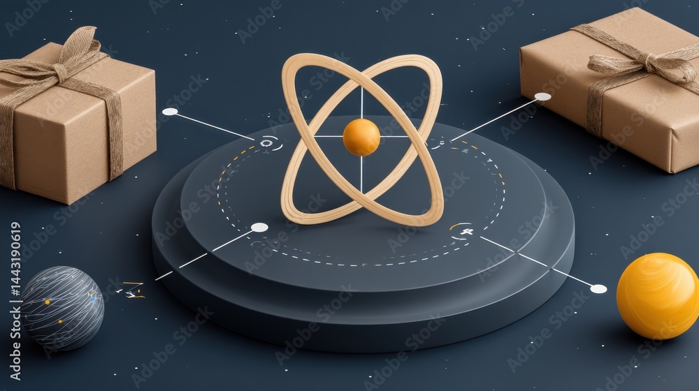 Poster abstract 3d rendering of an atom model with gift boxes and spheres on a dark background.