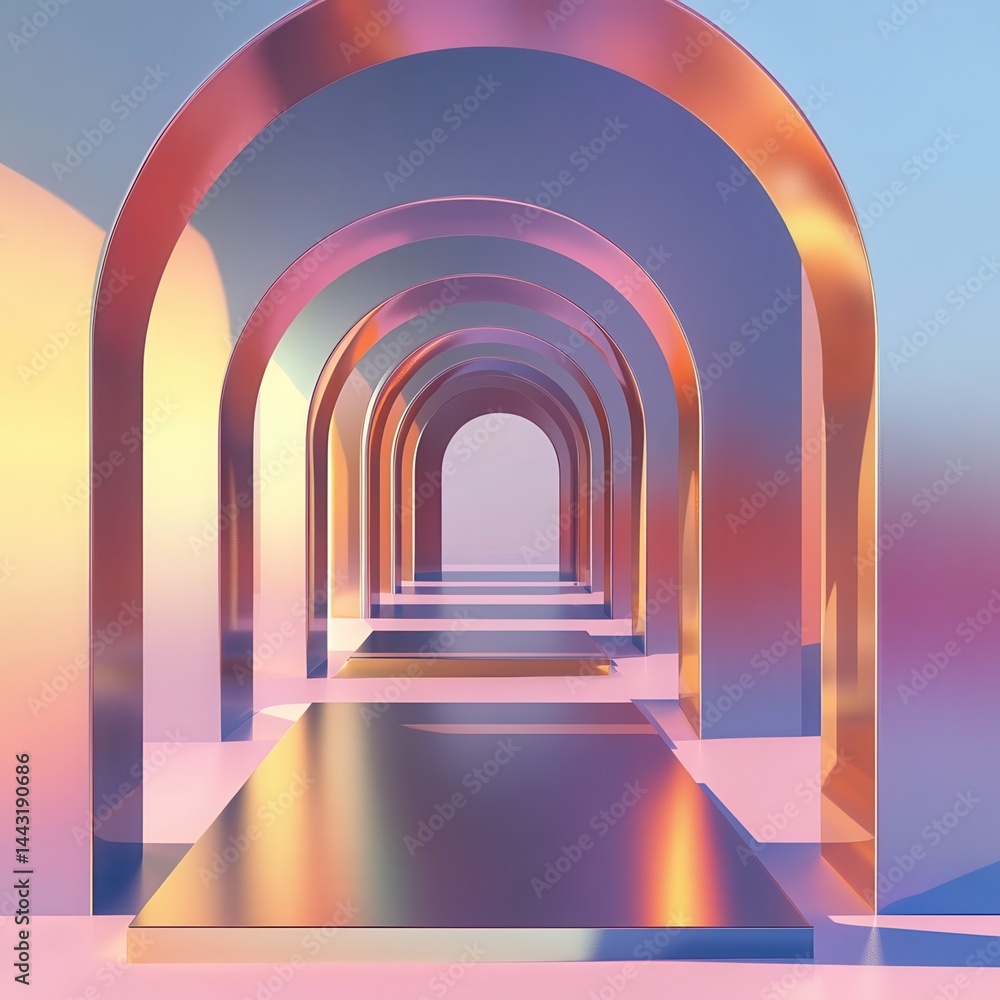 Poster 3d illustration of abstract minimal architecture background, geometric architectural with chrome or 