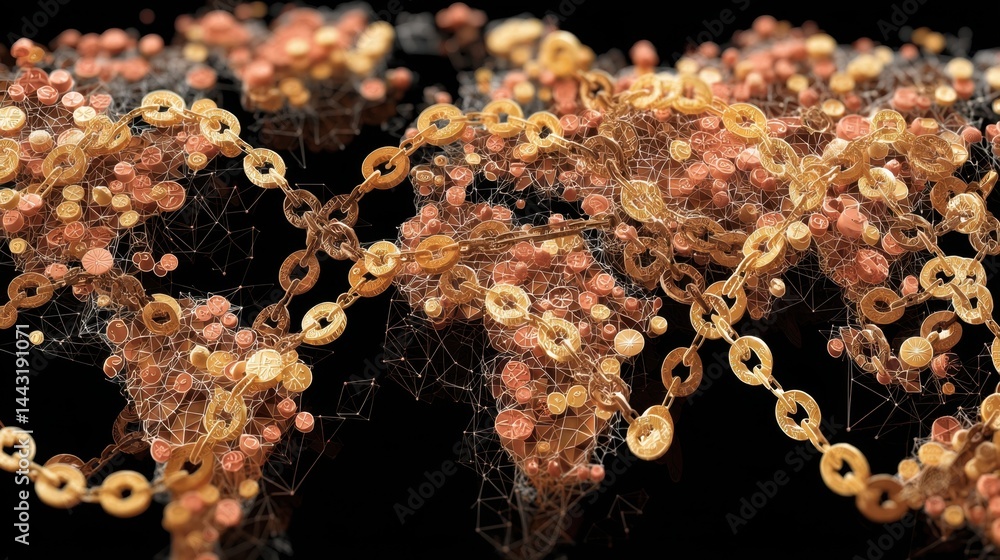 Aufkleber abstract global network visualization with interconnected golden rings and particles on a black back