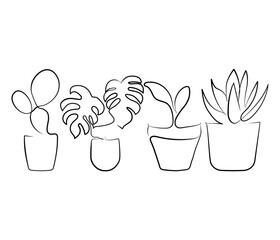 Set of continuous line drawing potted plants, Minimalist plants line art, Monstera, Succulent, Cactus
