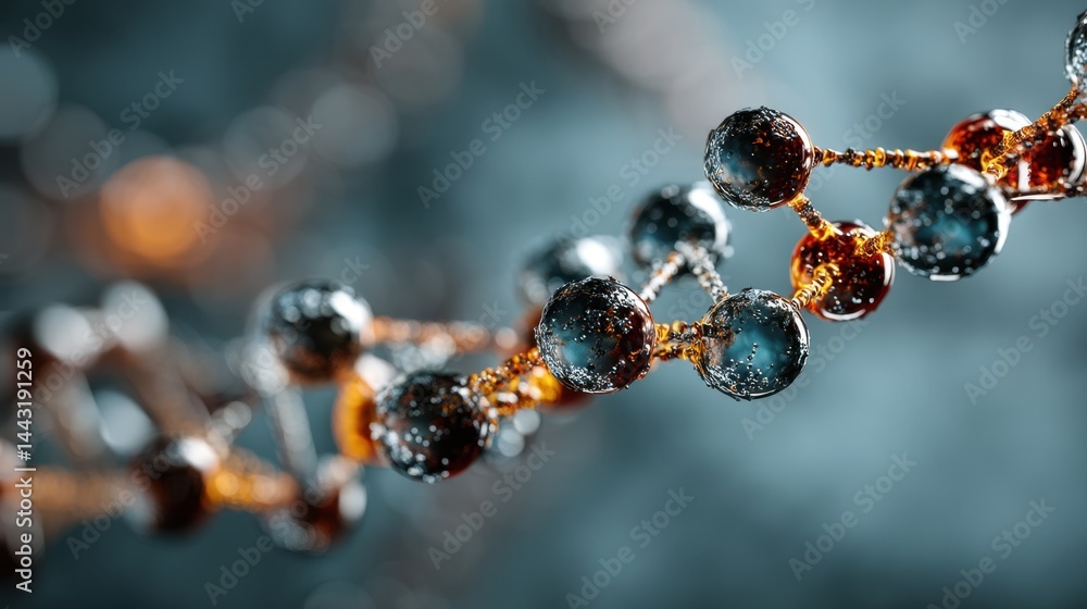 Poster abstract 3d rendering of a dna double helix with metallic and amber spheres connected by thin strand