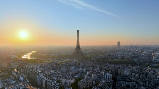 Aerial view of Experience the breathtaking beauty of a stunning Paris sunrise with the iconic Eiffel Tower. France