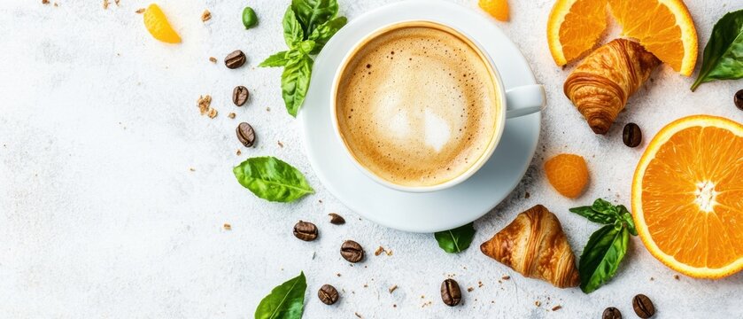 Inviting morning coffee with fresh orange croissant and basil on a textured white surface overhead shot aromatic beverage breakfast food flat lay