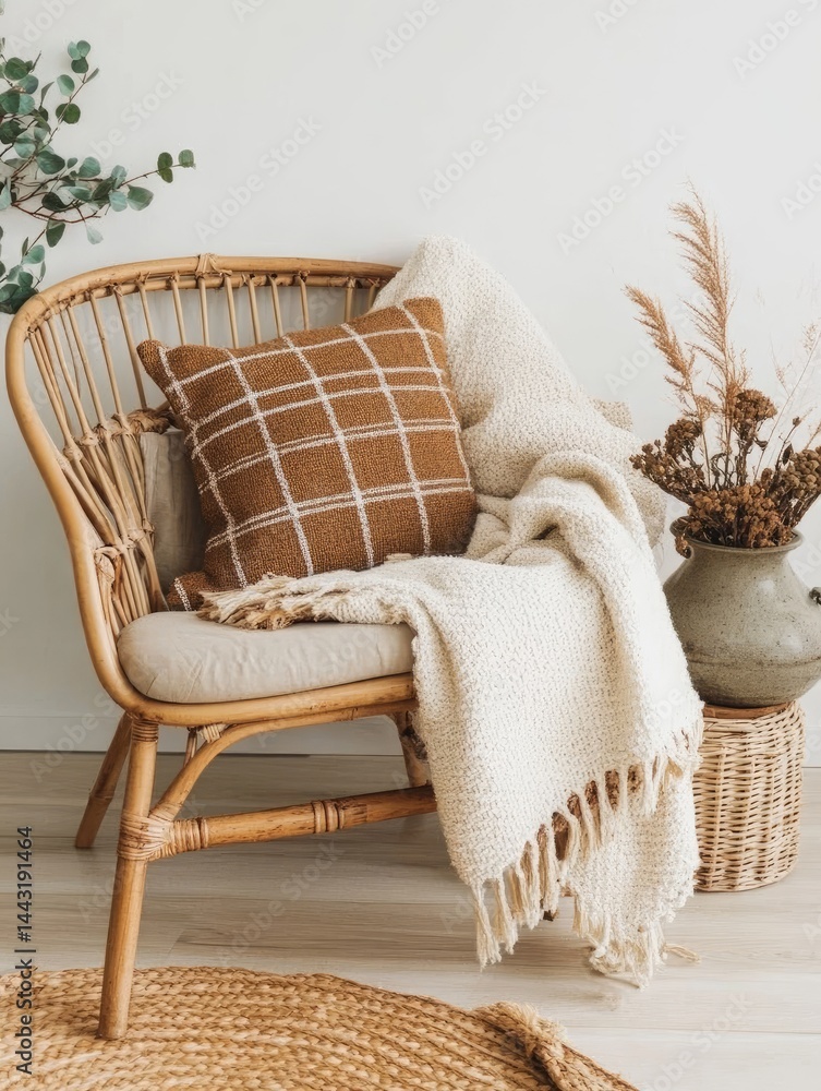 Poster cozy wicker chair with patterned pillow and blanket with dried flowers in a vase creating a relaxing