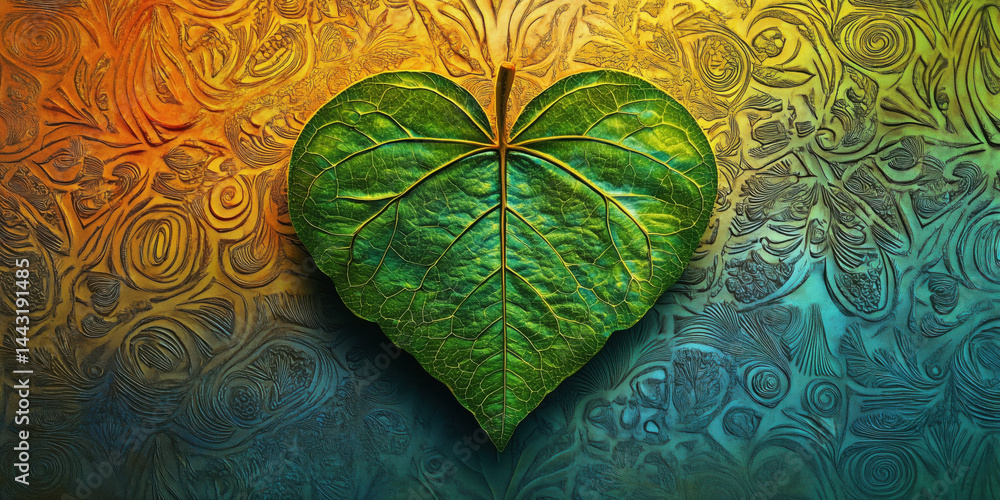 Poster heart-shaped green leaf on colorful textured background with artistic patterns.