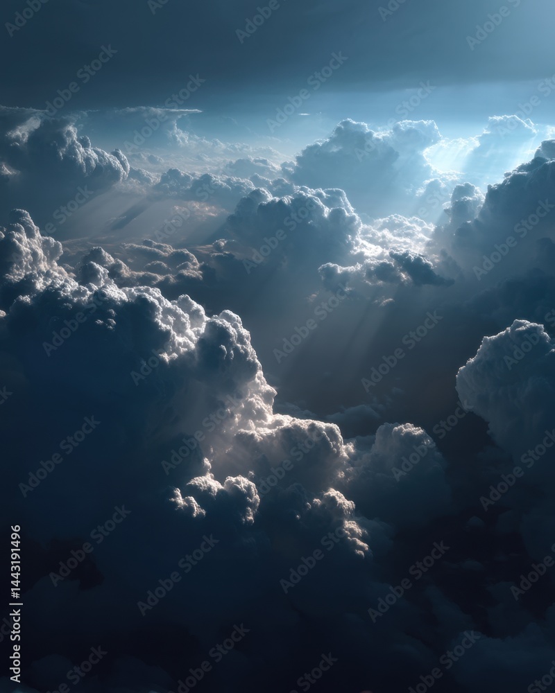 Poster ethereal cloudscape with dramatic light rays illuminating fluffy clouds creating a serene atmosphere