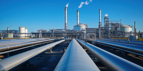 Industrial oil refinery with pipelines and smokestacks under clear blue sky.