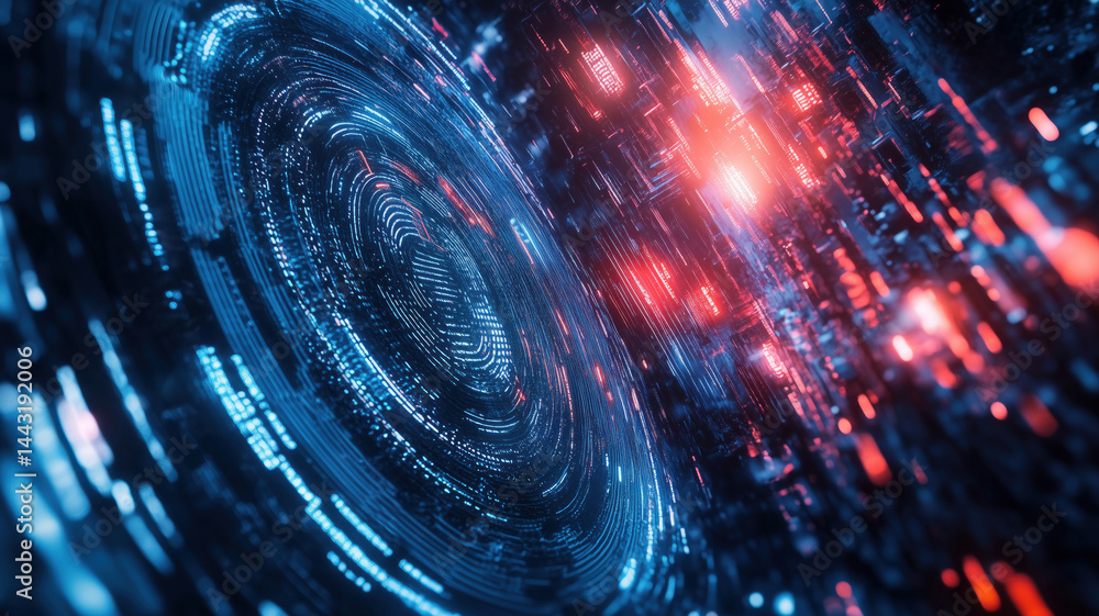 Poster futuristic digital abstract background with glowing circular patterns and vibrant colors.