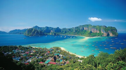 Naklejka premium Tropical island paradise thailand scenic landscape vibrant blue water aerial view nature's beauty