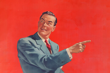 a 1950s advertising illustration of a man pointing on red background, room for text
