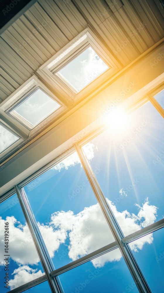 Poster bright skylight view of blue sky and clouds with sun rays shining through the glass creating a seren