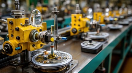 Automated industrial machinery on a factory assembly line, close up view of intricate mechanical components during operation.