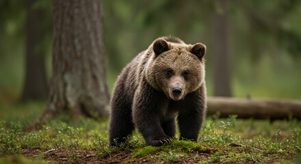 Fototapeta premium Majestic Brown Bear in its Natural Habitat: A breathtaking glimpse into the wild beauty of a European forest.