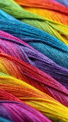 Vibrant Colorful Threads Arranged in a Row Capturing a Spectrum of Hues and Textural Detail Creating a Visually Appealing Close Up Image with a Soft Focus