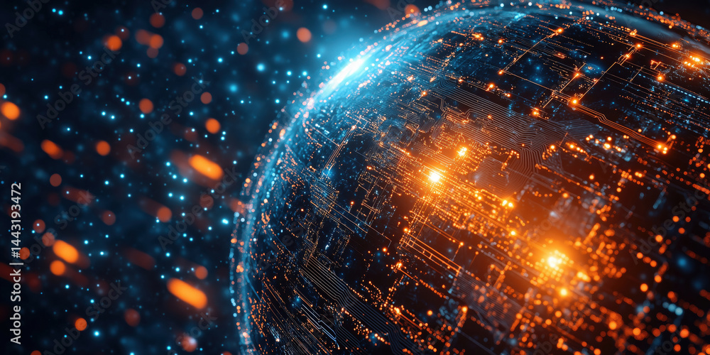 Poster futuristic digital globe with glowing circuits and vibrant particles in space.