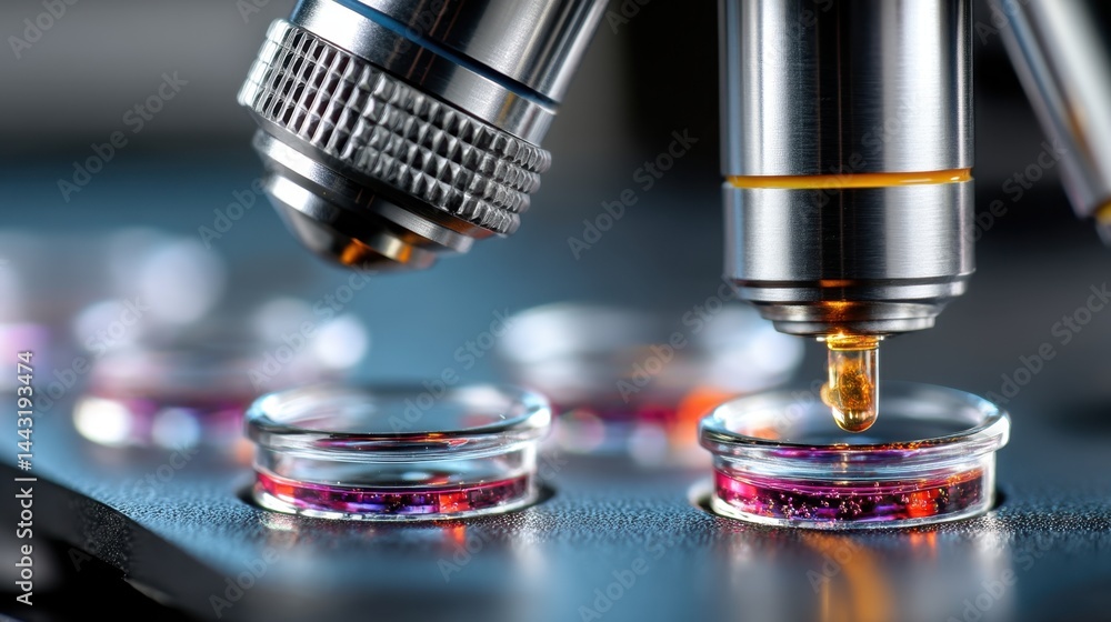 Poster close up view of two metallic microscope lenses positioned over small glass containers filled with a