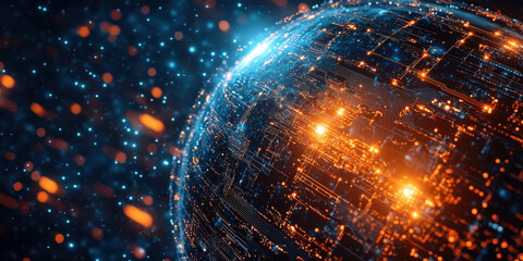 Fototapeta premium Futuristic digital globe with glowing circuits and vibrant particles in space.