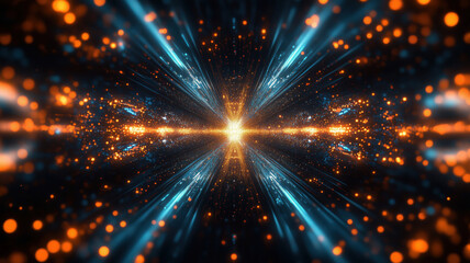 Fototapeta premium Stunning cosmic explosion with vibrant blue and orange light beams radiating outward.