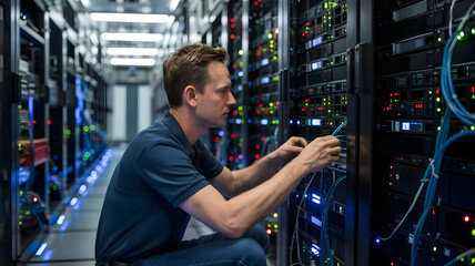 IT Technician Fixing Server Rack in Data Center – Tech Support, Network Maintenance, and Computer Repair Professional at Work – for Website Hero Banner, IT Business Marketing, and Technology Articles
