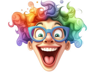 Whimsical cartoon character with vibrant rainbow hair and stylish glasses