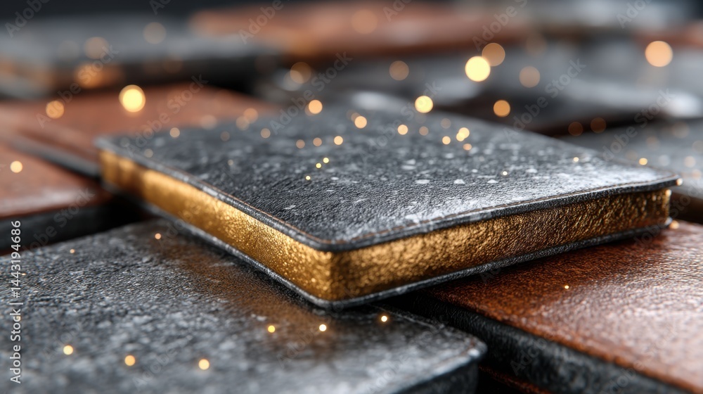 Poster close up of a stack of textured leather bound notebooks, one with gold edges, illuminated with spark