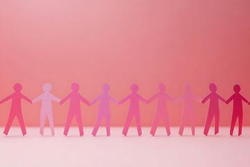 Pink Paper People Holding Hands Unity Teamwork
