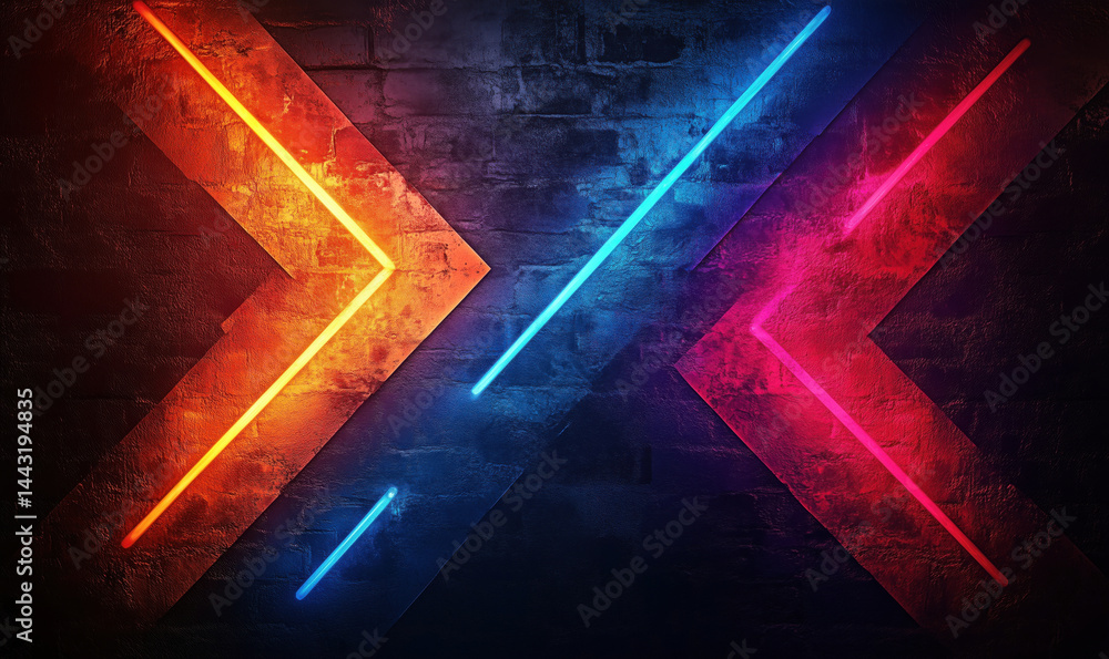 Poster neon light patterns on textured wall creating vibrant abstract background.