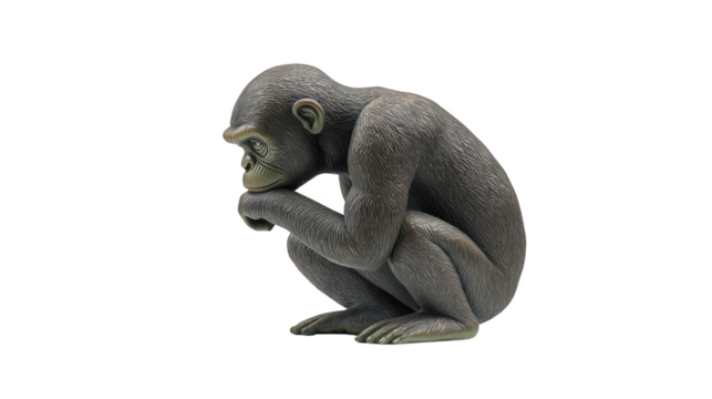 Intriguing monkey statue against a striking black background, study in primate sculpture art