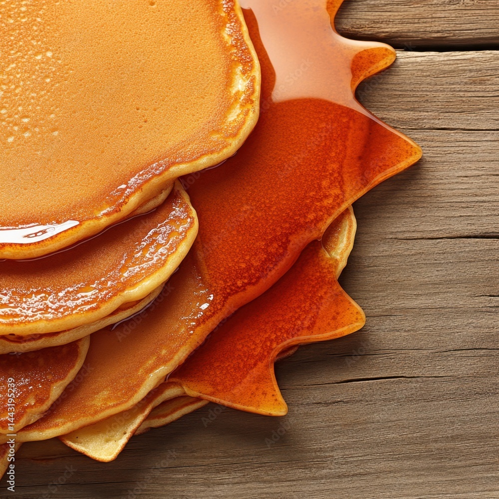 Poster stack of fluffy pancakes drizzled with golden maple syrup on rustic wooden table top view breakfast 