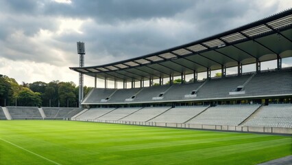 Naklejka premium Empty football stadium view with green field and cloudy sky