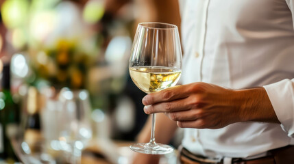 Waiter holding glass of white wine at restaurant event