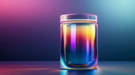 Empty iridescent glass jar reflecting colorful neon lights